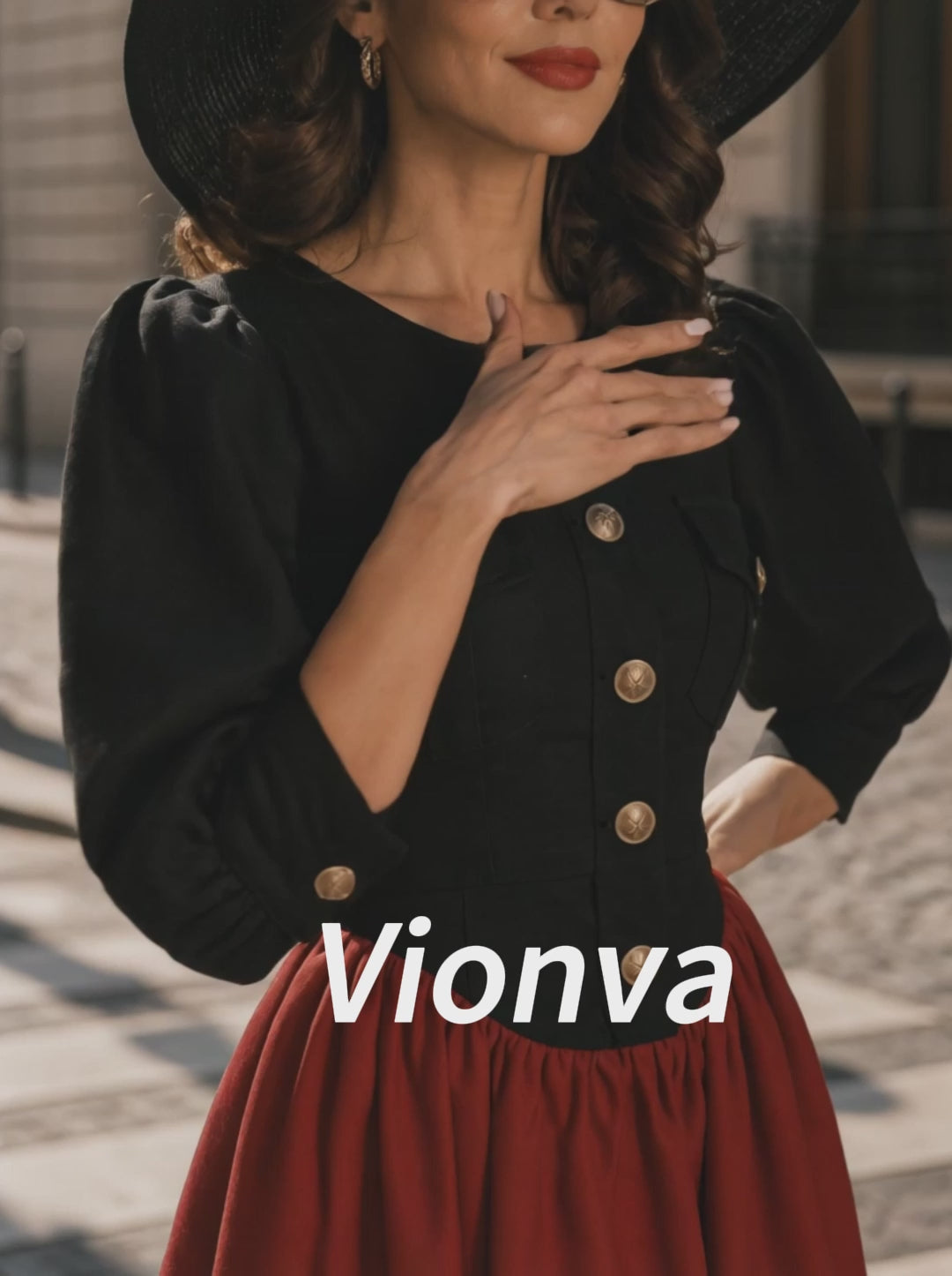 Vintage Black Red Puff-Sleeve Button-Front A-Line Dress