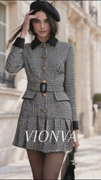 Vintage Houndstooth Contrast Collar Belted Long Sleeve Mini Dress