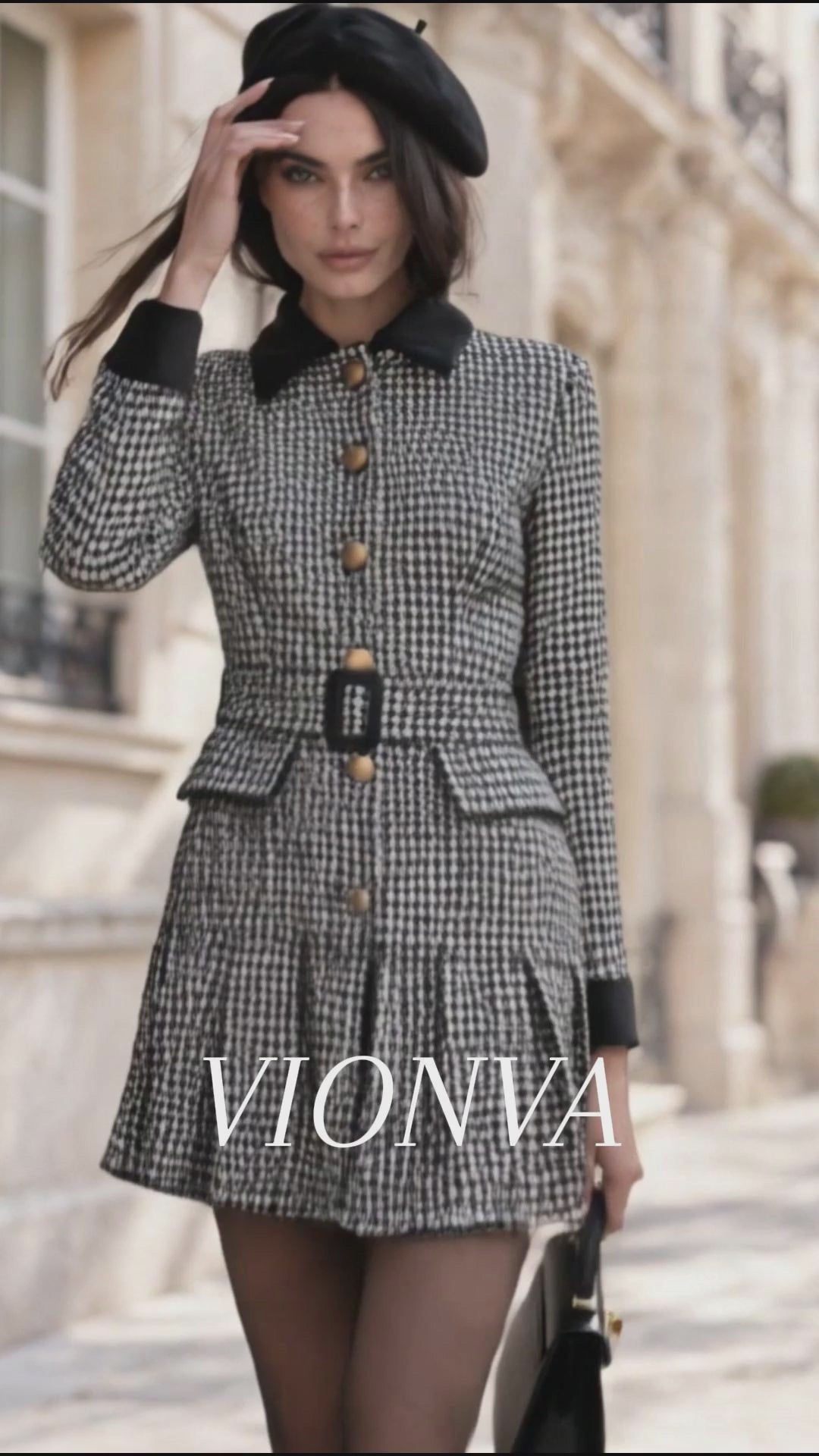 Vintage Houndstooth Contrast Collar Belted Long Sleeve Mini Dress