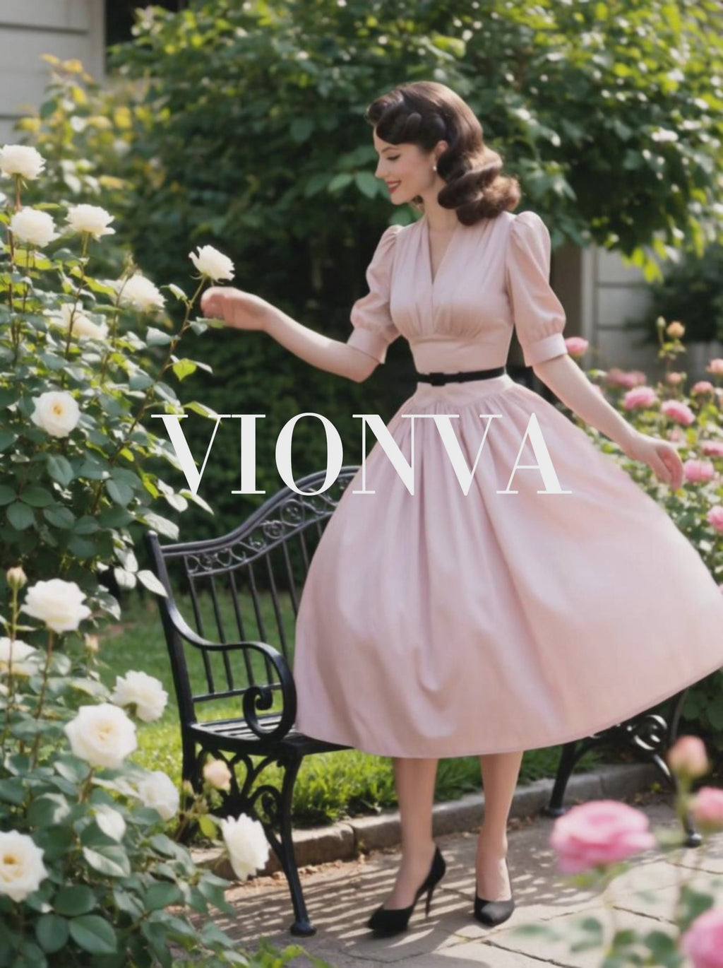 Vintage V-Neck Puff Sleeve Belted Swing Dress