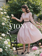 Vintage V-Neck Puff Sleeve Belted Swing Dress