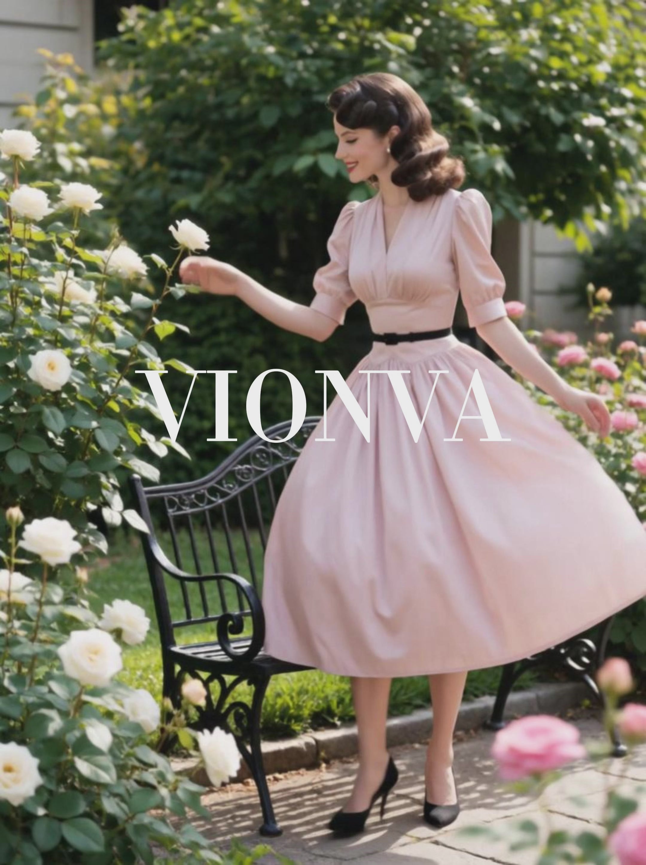 Vintage V-Neck Puff Sleeve Belted Swing Dress