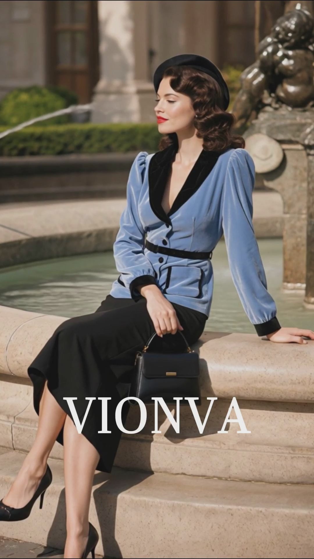 Vintage 1950s Blue Velvet Contrast Lapel Blouse & Black Mermaid Midi Skirt Co‑Ord Set