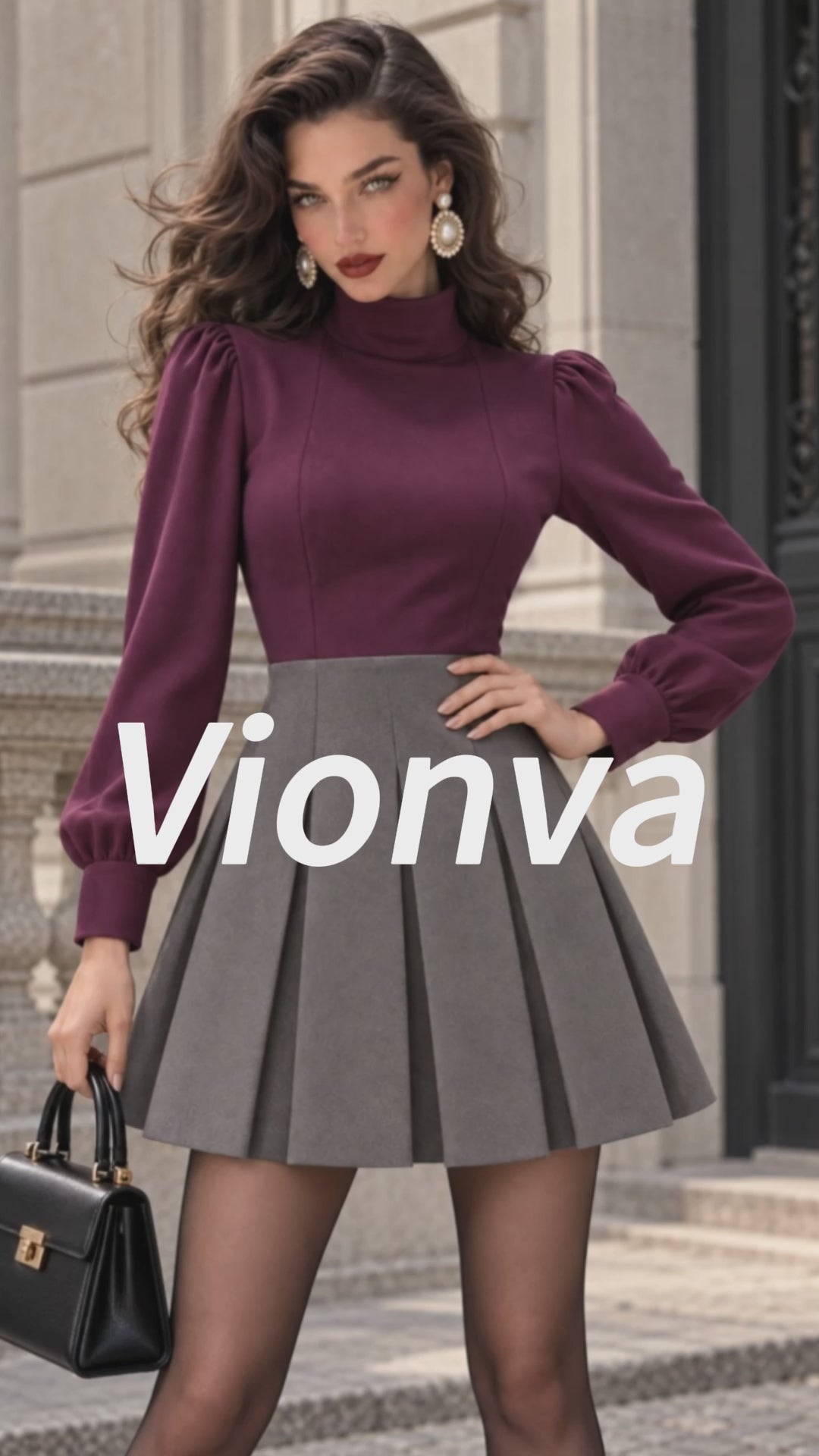 Vintage Turtleneck Colorblock Pleated Wool Mini Dress