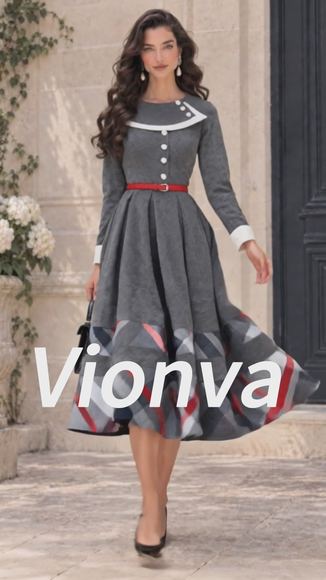 Vintage Plaid Hem Belted Pleated Midi Dress