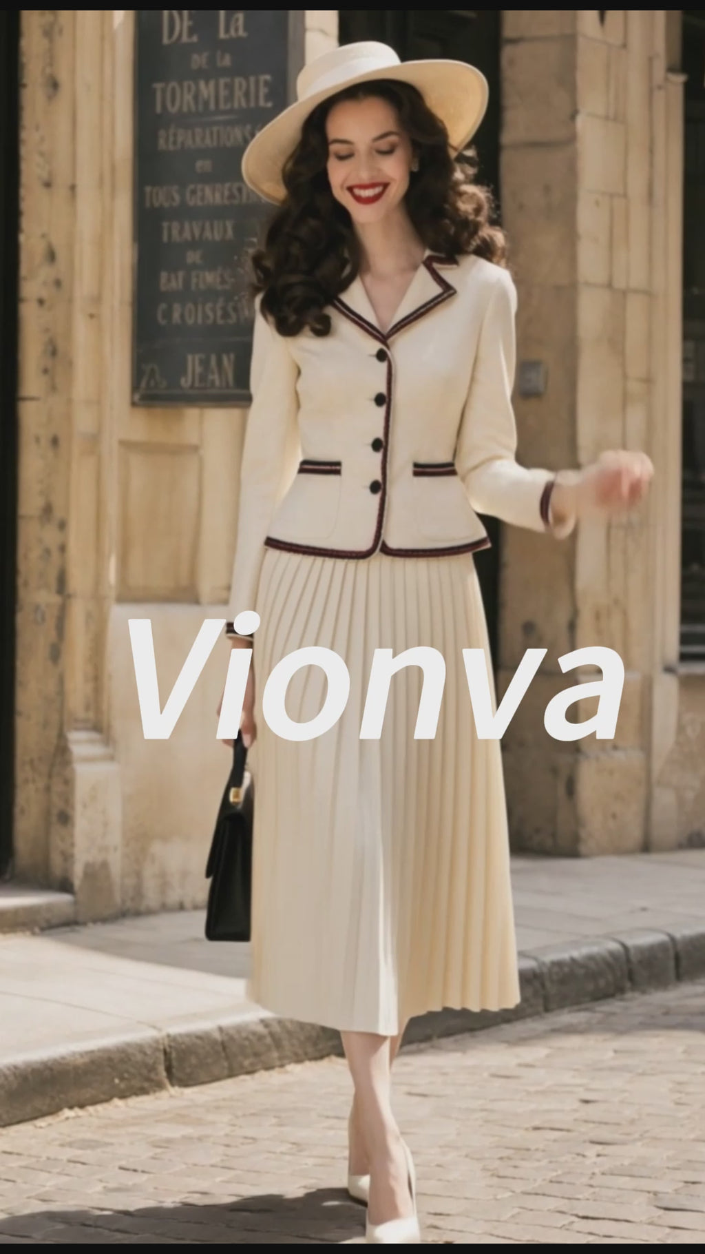 Vintage Cream Contrast-Trim Blazer & Pleated Skirt Set