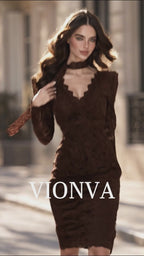Vintage Dark Coffee Lace V-neck Elegant Bodycon Midi Dress