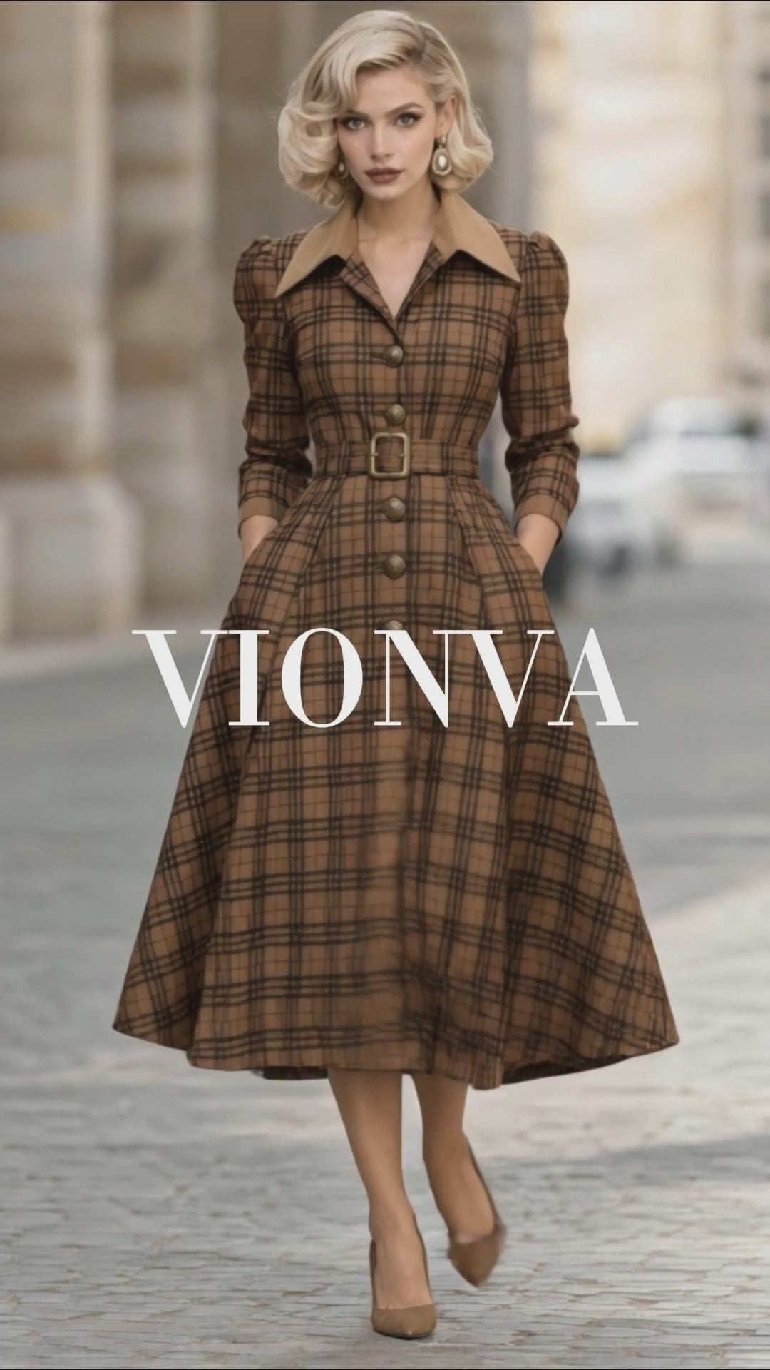 Vintage Plaid Belted Midi Coat
