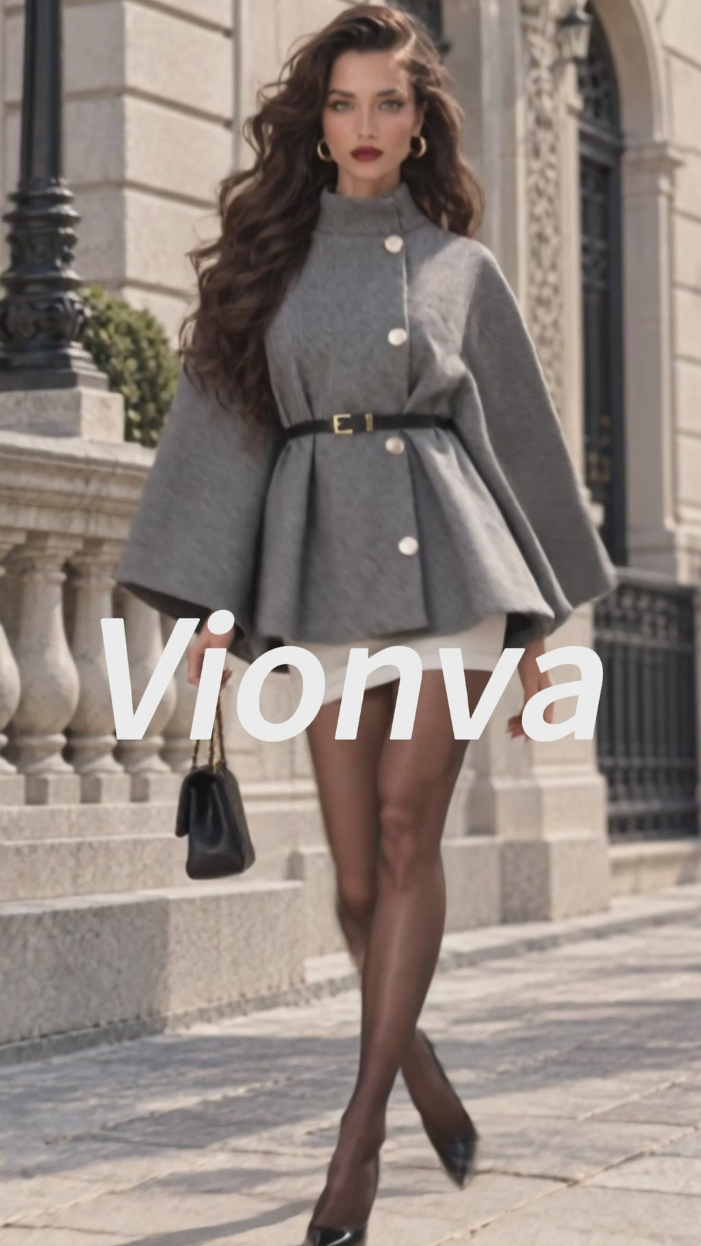 Vintage Gold-Button Belted Herringbone Wool Cape