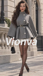 Vintage Gold-Button Belted Herringbone Wool Cape