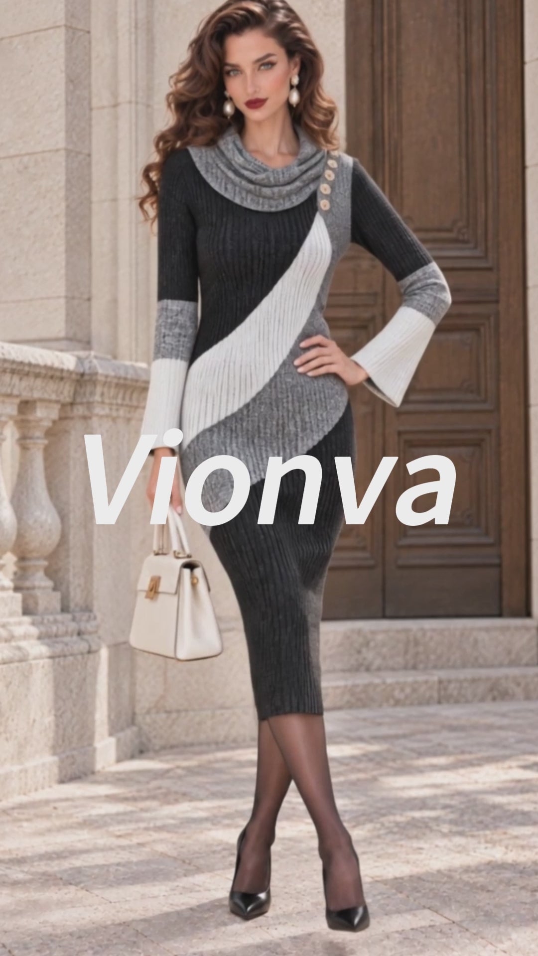 Vintage Cowl-Neck Colorblock Ribbed Knit Midi Dress