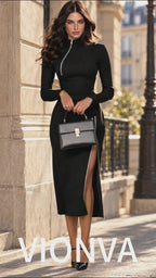 Vintage Mock Neck Metal Zipper Long Sleeve Slit Fitted Midi Dress
