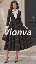 Vintage Bow-Collar Plaid Wool Midi Dress