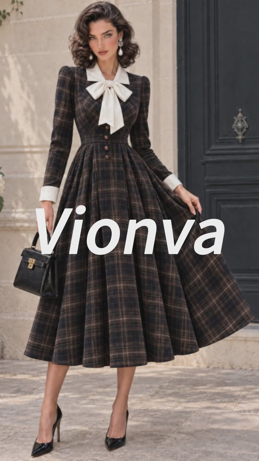 Vintage Bow-Collar Plaid Wool Midi Dress