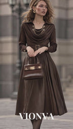 Vintage PU Spliced Cowl Neck Umbrella Midi Dress