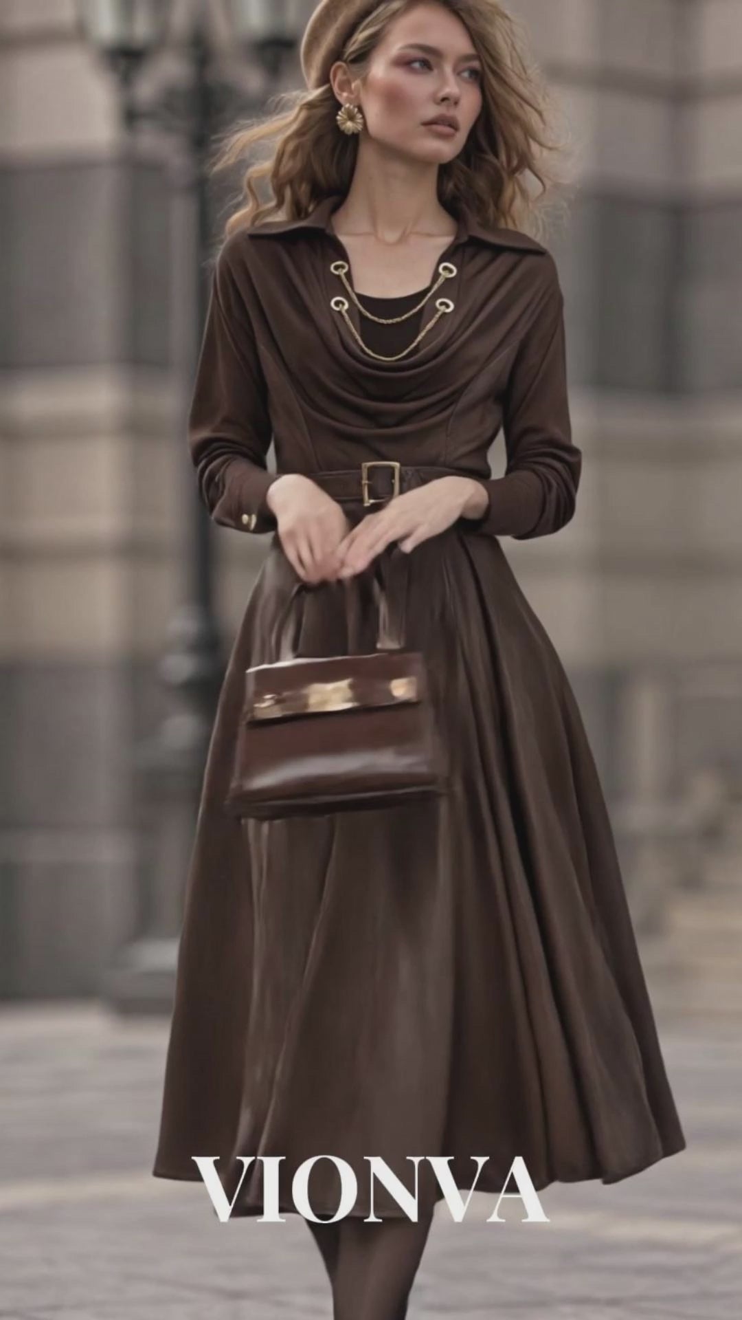 Vintage PU Spliced Cowl Neck Umbrella Midi Dress
