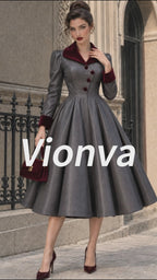 Vintage Velvet-Collar Faux Leather Swing Dress
