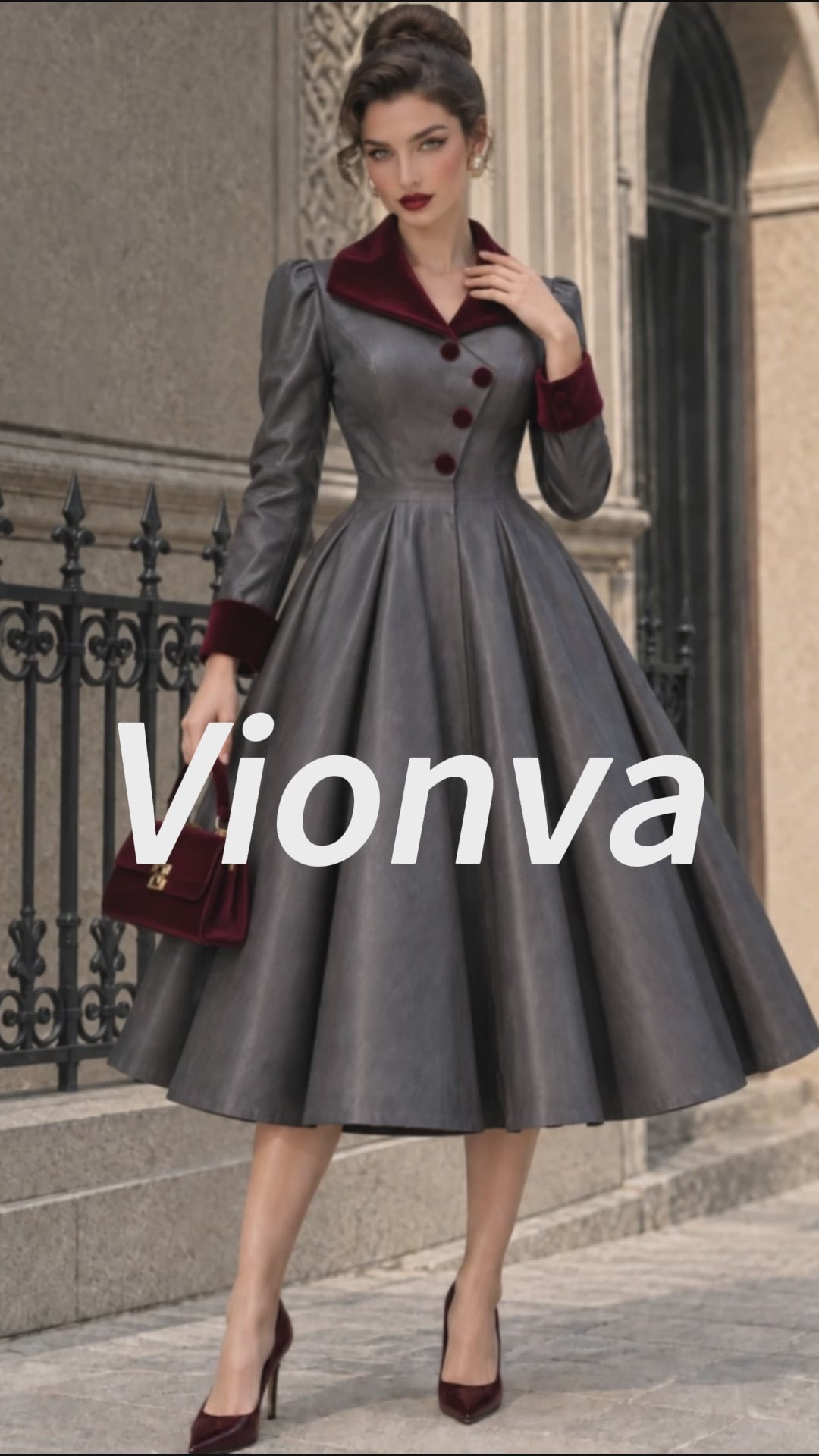 Vintage Velvet-Collar Faux Leather Swing Dress