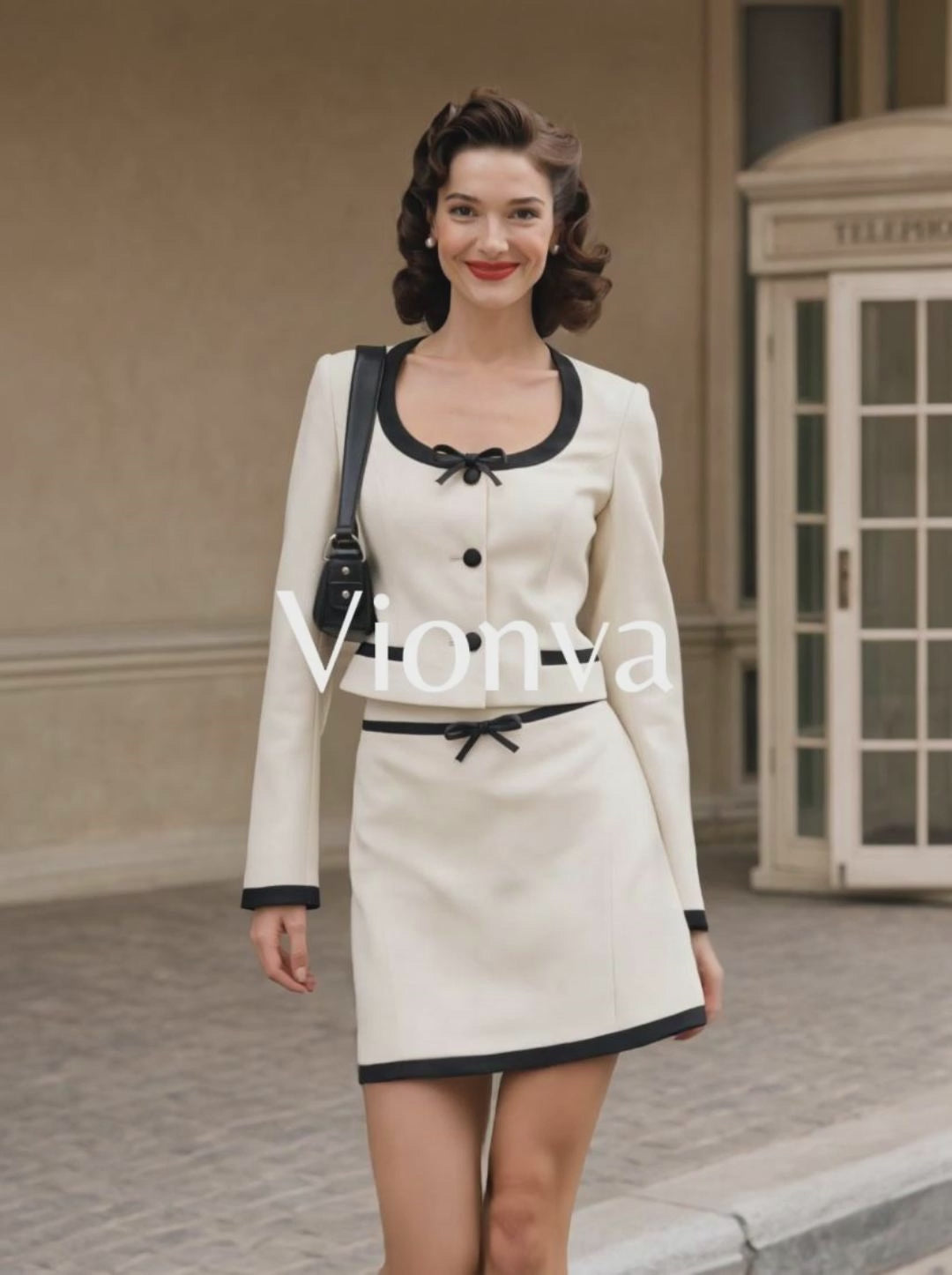Vintage Color-Block Bow Decorated Skirt Two-Piece Set