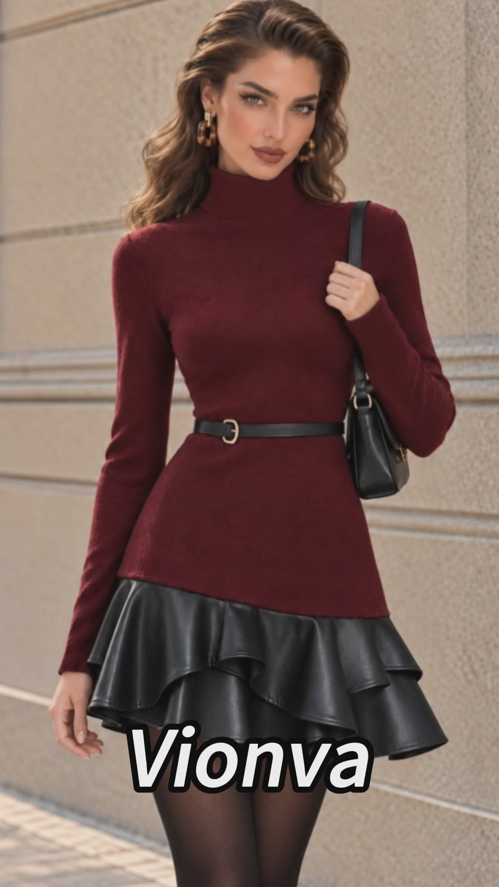 Vintage Belted Faux Leather Ruffle Mini Dress