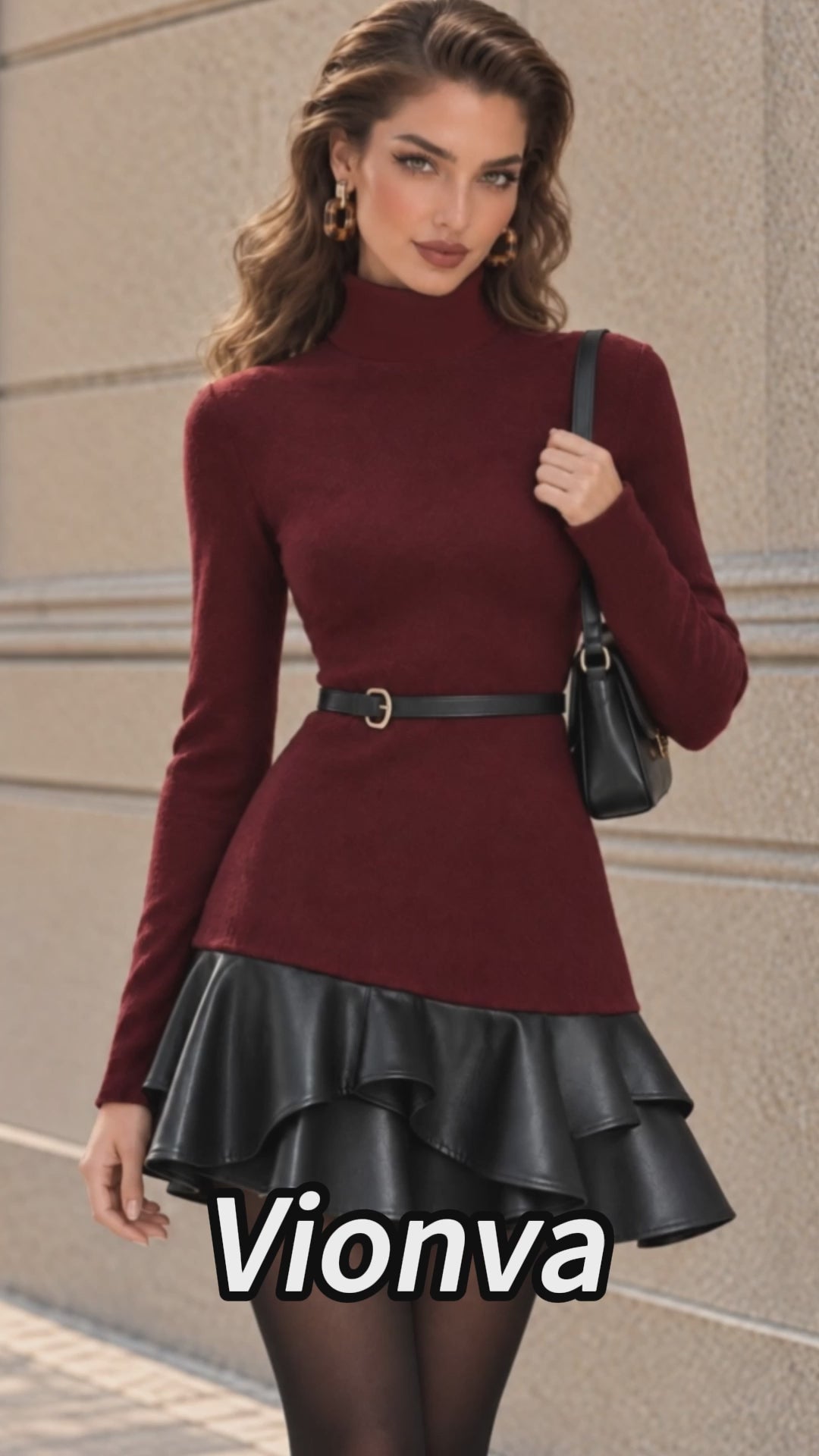 Vintage Belted Faux Leather Ruffle Mini Dress