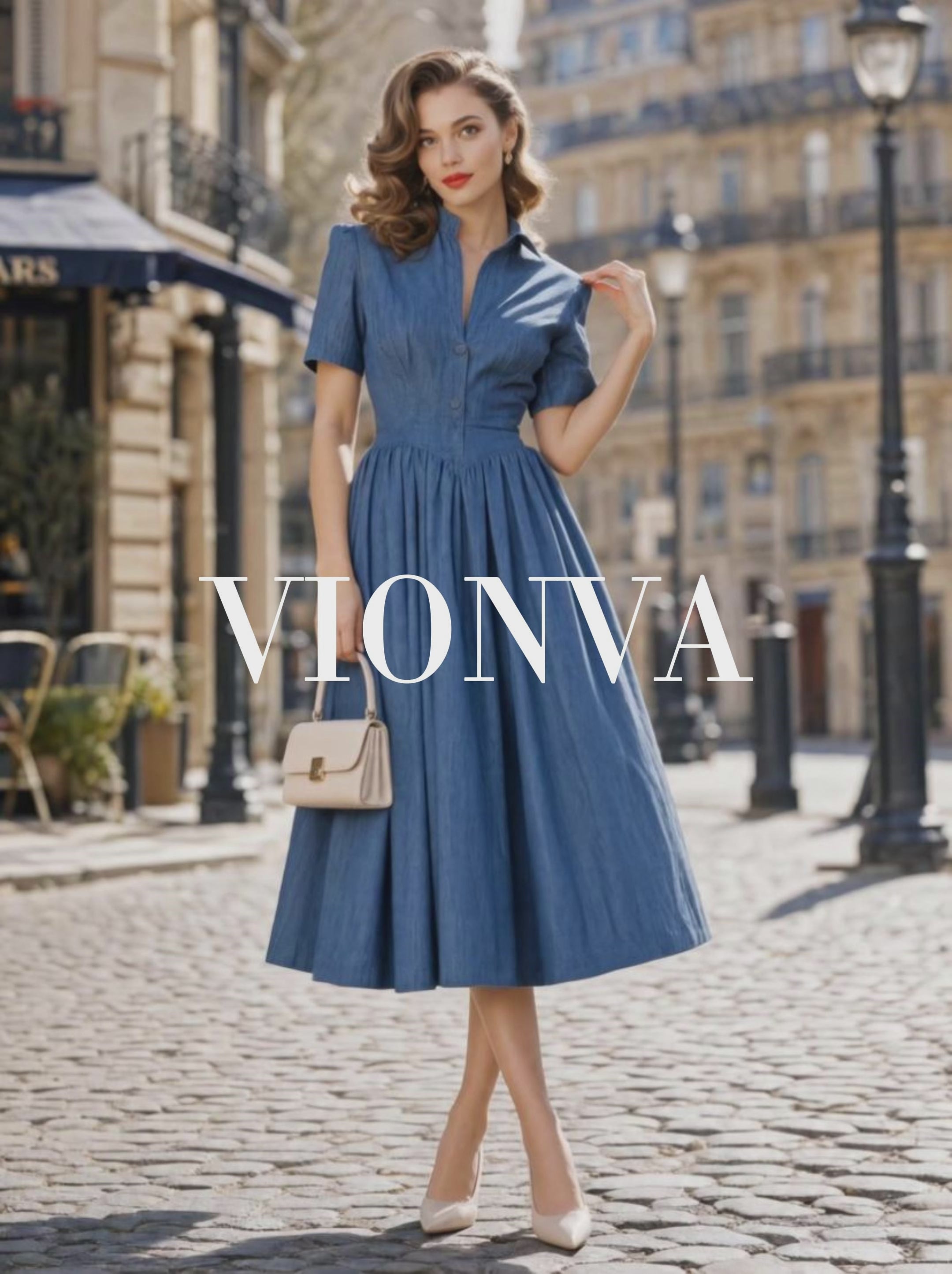 Vintage Stand‑Up Collar Waist‑Fitted Denim Flare Midi Dress