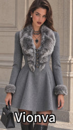 Vintage Grey Wool Blend Faux Fur Collar Mini Dress