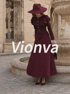Vintage Burgundy Plaid Belted Long Sleeve Maxi Dress