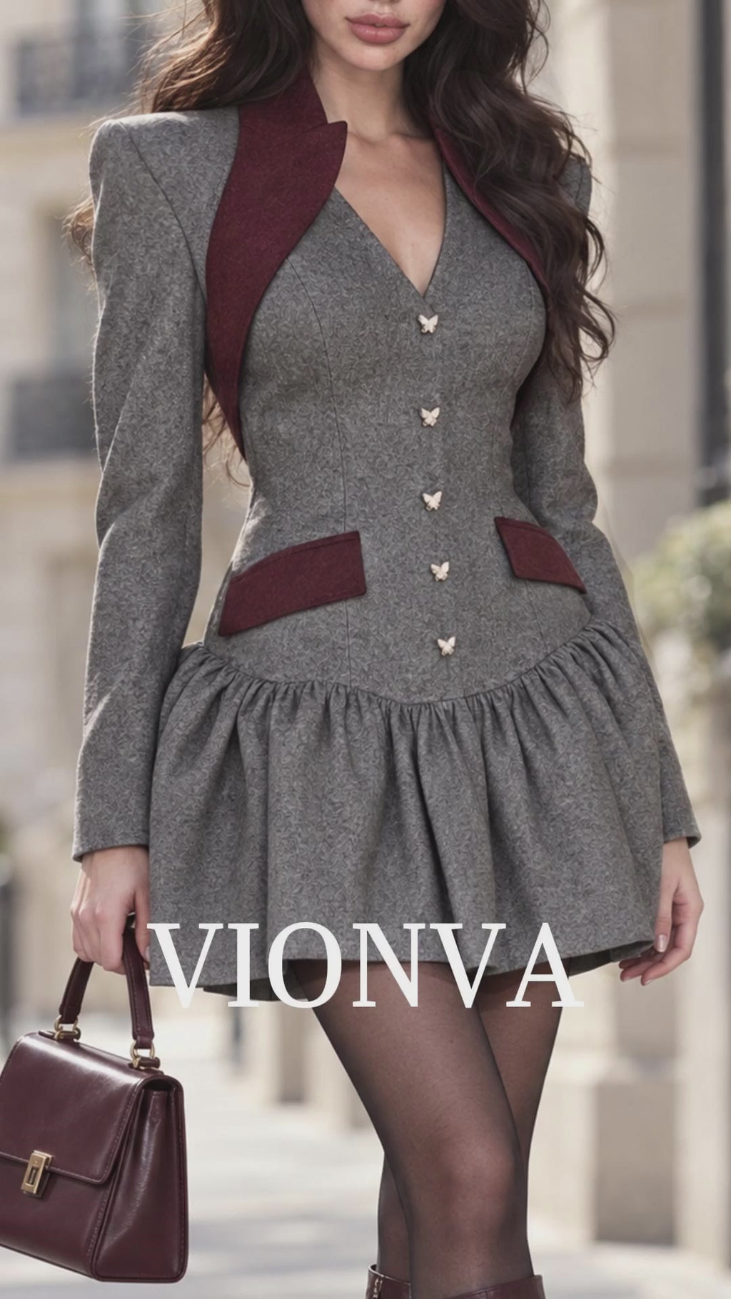 Vintage Wool Blend Contrast Burgundy Lapel Tailored Flared Mini Dress
