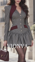 Vintage Wool Blend Contrast Burgundy Lapel Tailored Flared Mini Dress