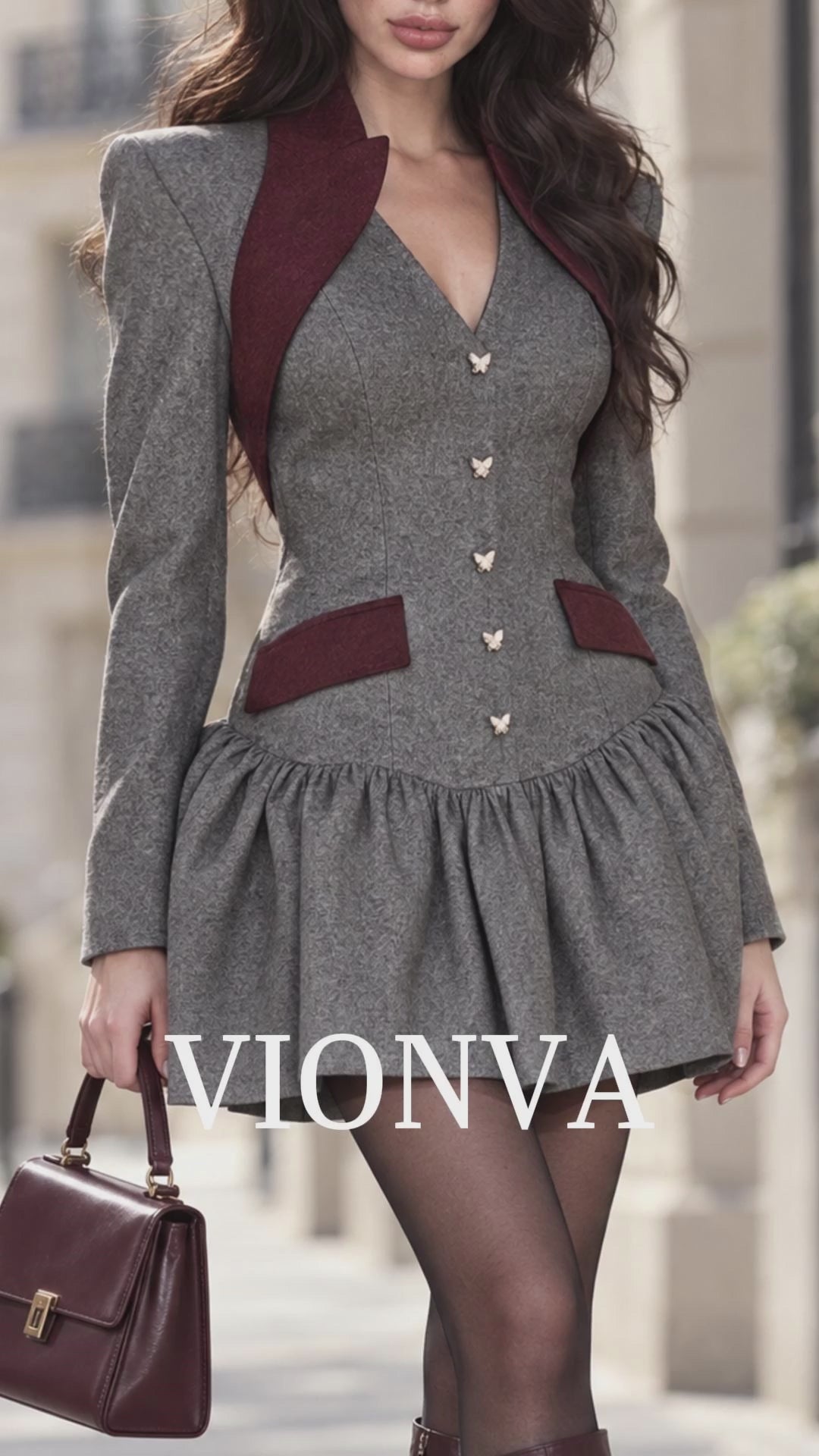 Vintage Wool Blend Contrast Burgundy Lapel Tailored Flared Mini Dress