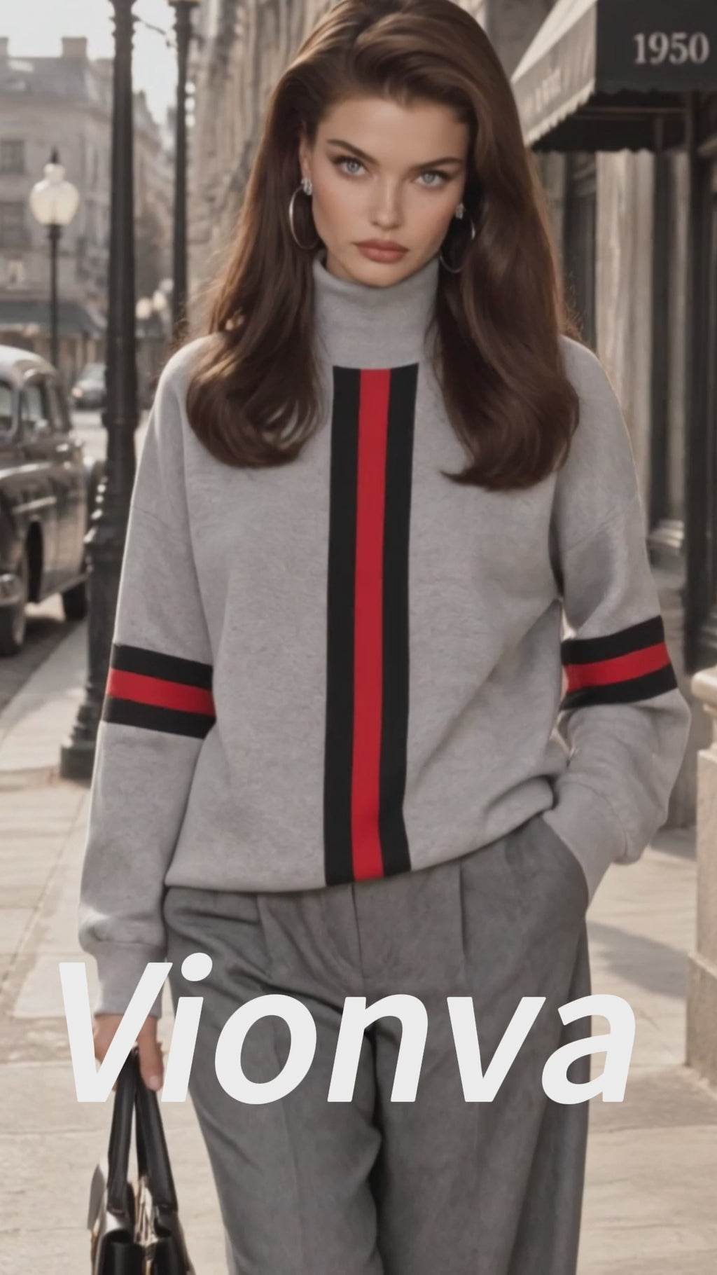 Vintage Stripe Print Turtleneck Drop Shoulder Sweatshirt