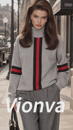 Vintage Stripe Print Turtleneck Drop Shoulder Sweatshirt