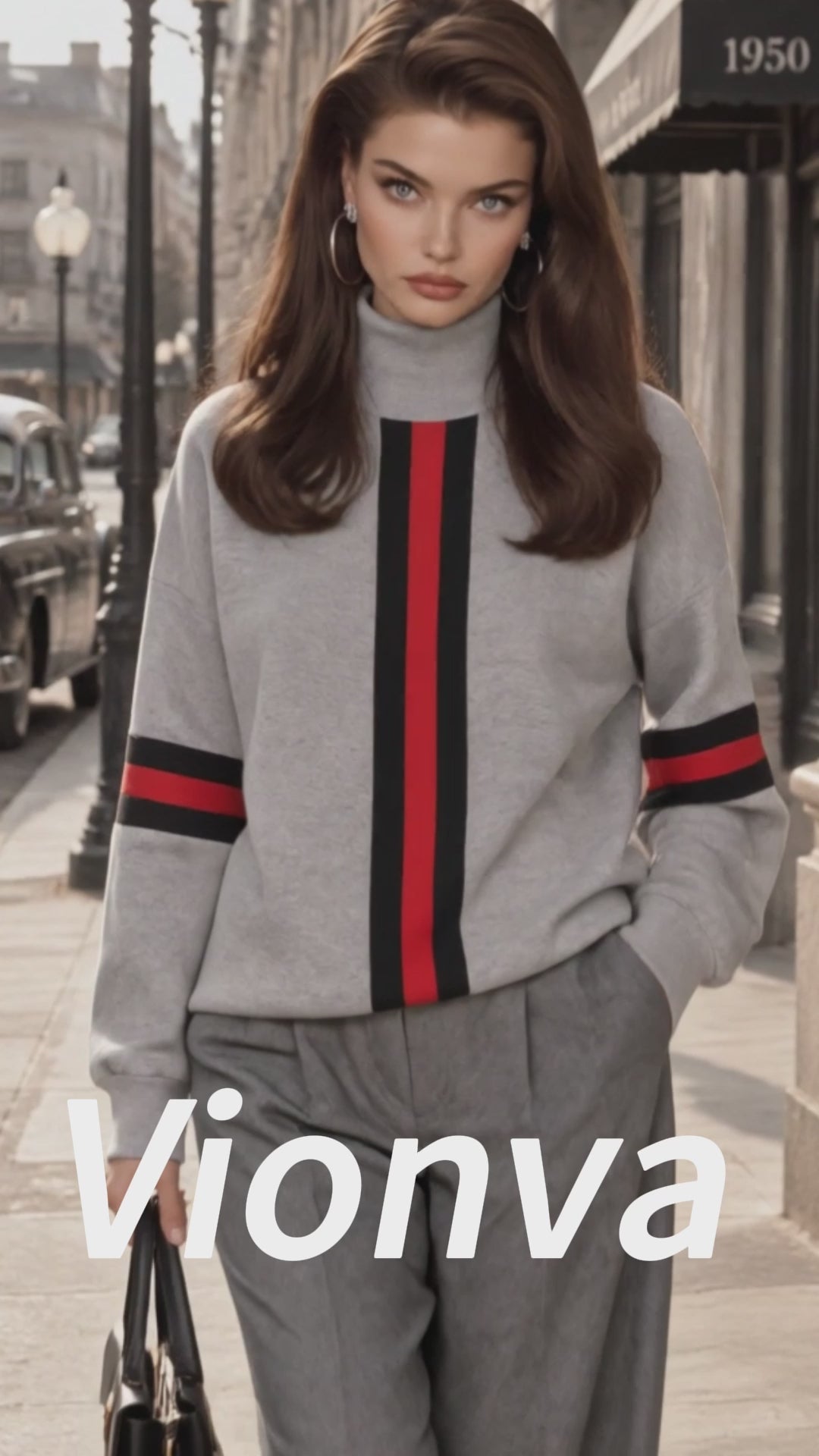 Vintage Stripe Print Turtleneck Drop Shoulder Sweatshirt