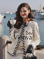 Vintage Striped Piped Trim Blazer & Skirt Two-Piece Set