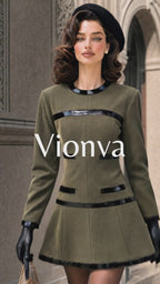 Vintage Shiny PU Spliced Woolen Mini Dress