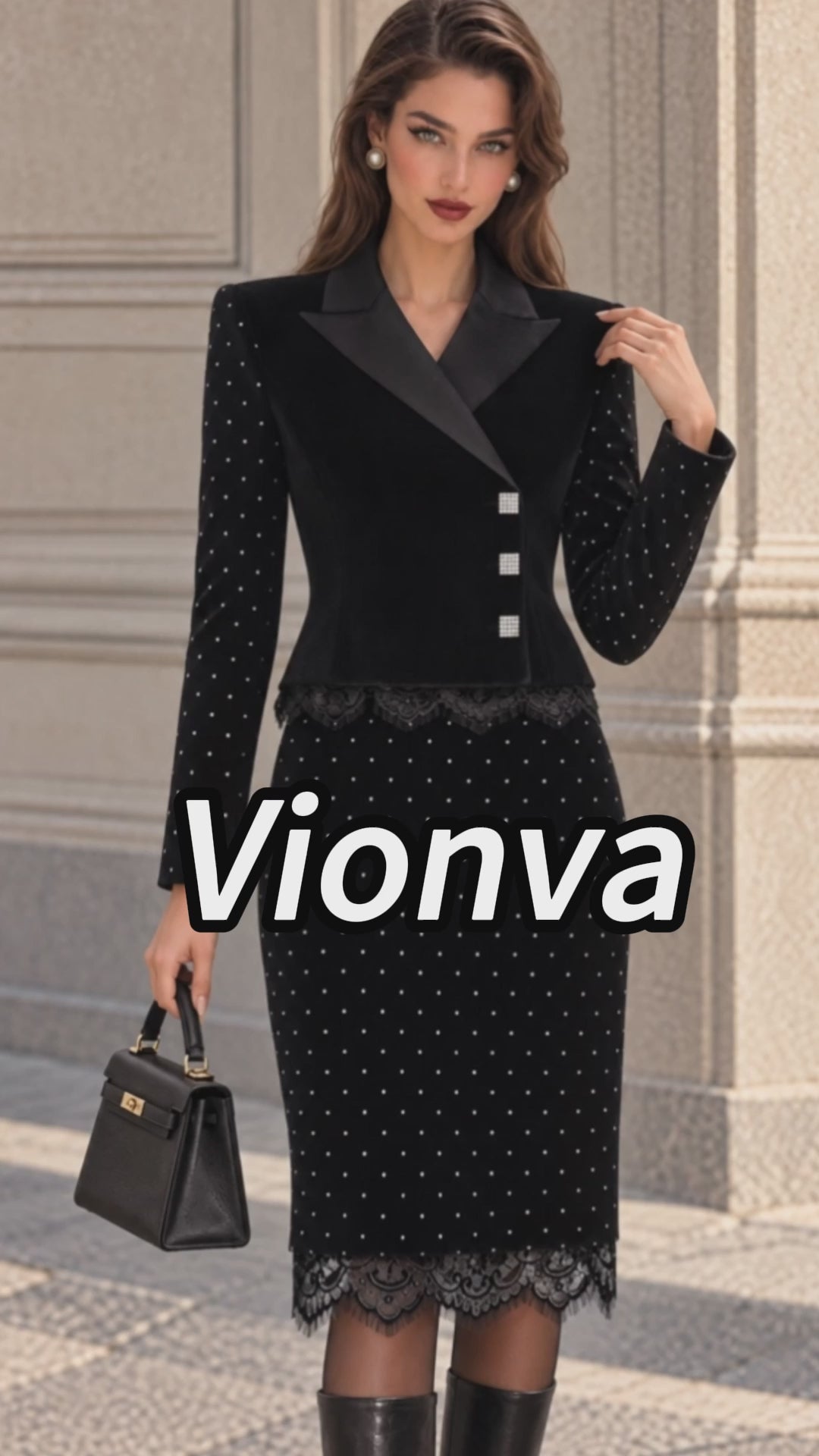 Vintage Black Velvet Blazer Skirt Set
