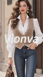 Vintage Stripe-Print Trim Faux Suede Fitted Vest