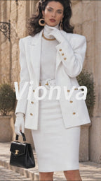 Vintage Gold-Button Blazer Pencil Skirt Set