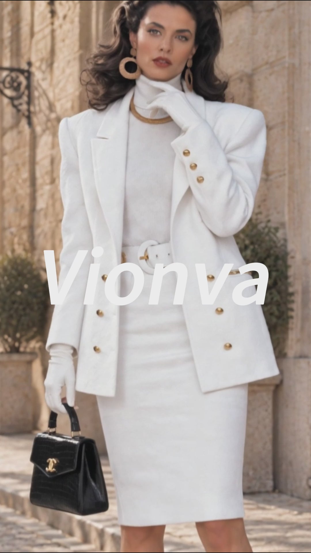 Vintage Gold-Button Blazer Pencil Skirt Set