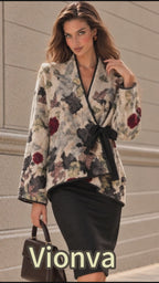 Vintage Beige Floral Wool Blend Tie Wrap Coat
