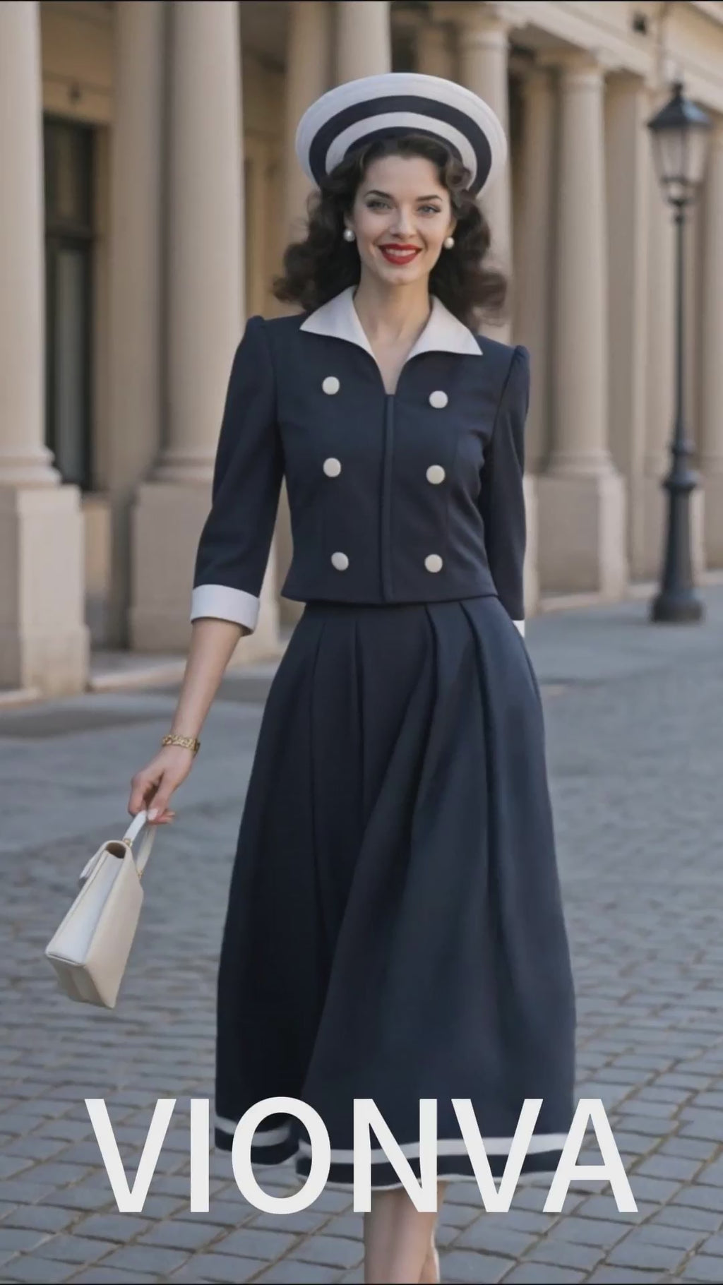 Vintage Hepburn Navy Two Piece Top A‑Line Midi Skirt Set