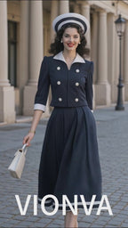 Vintage Hepburn Navy Two Piece Top A‑Line Midi Skirt Set