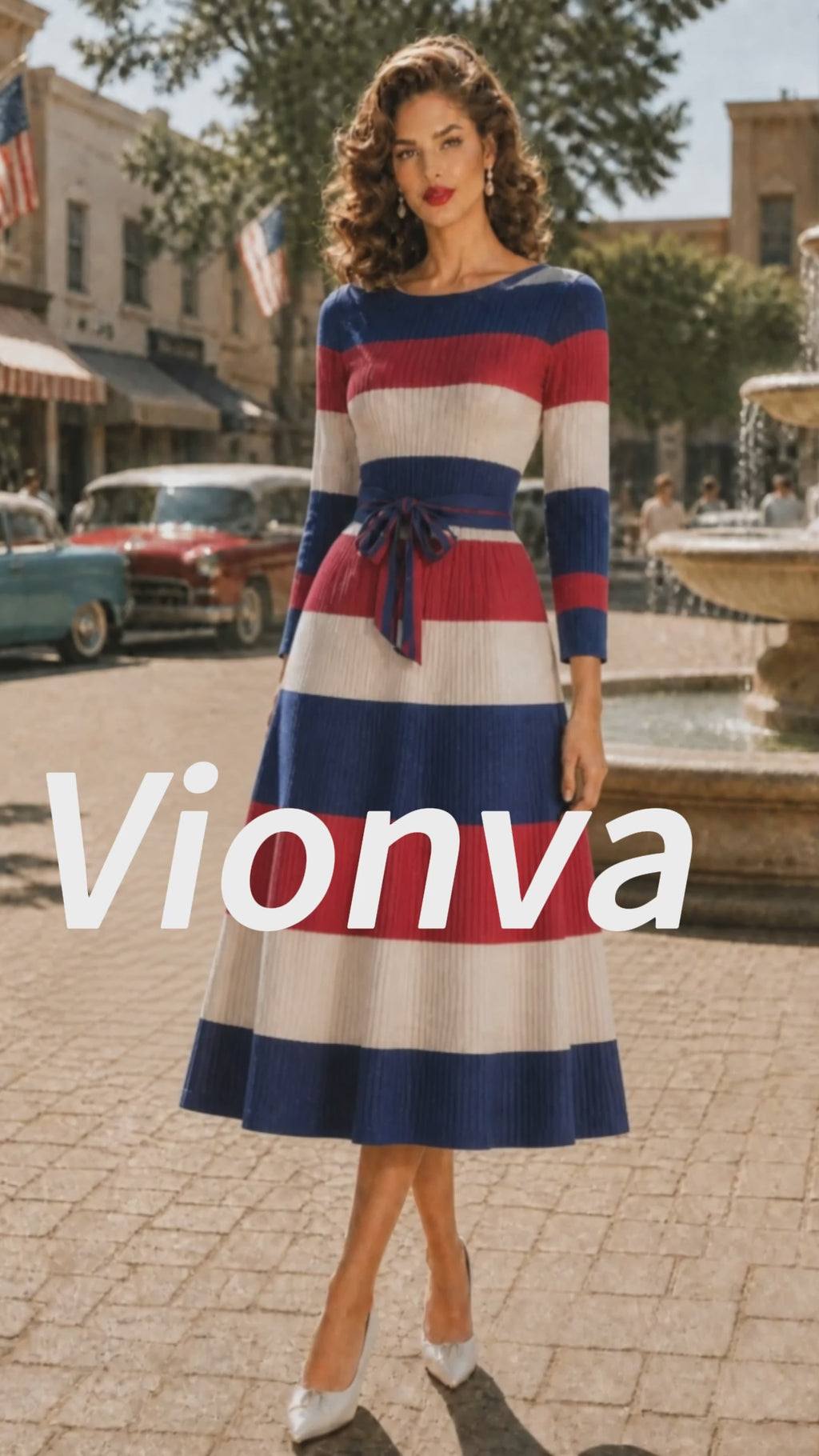 Vintage Red White Blue Striped Bow-Belt A-Line Dress