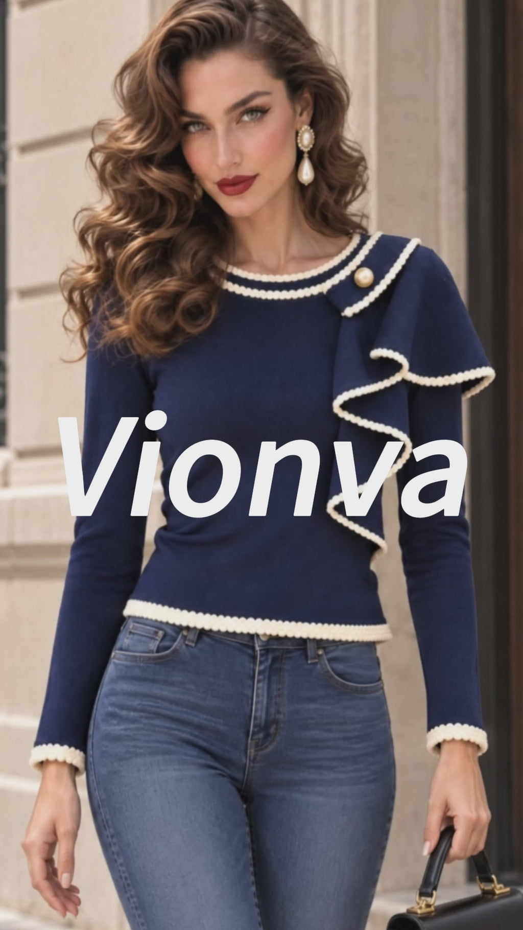 Vintage Pearl-Trim Ruffle Fitted Sweater