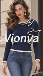 Vintage Pearl-Trim Ruffle Fitted Sweater