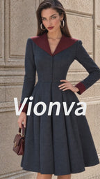 Vintage Contrast-Lapel Pleated Herringbone Midi Dress