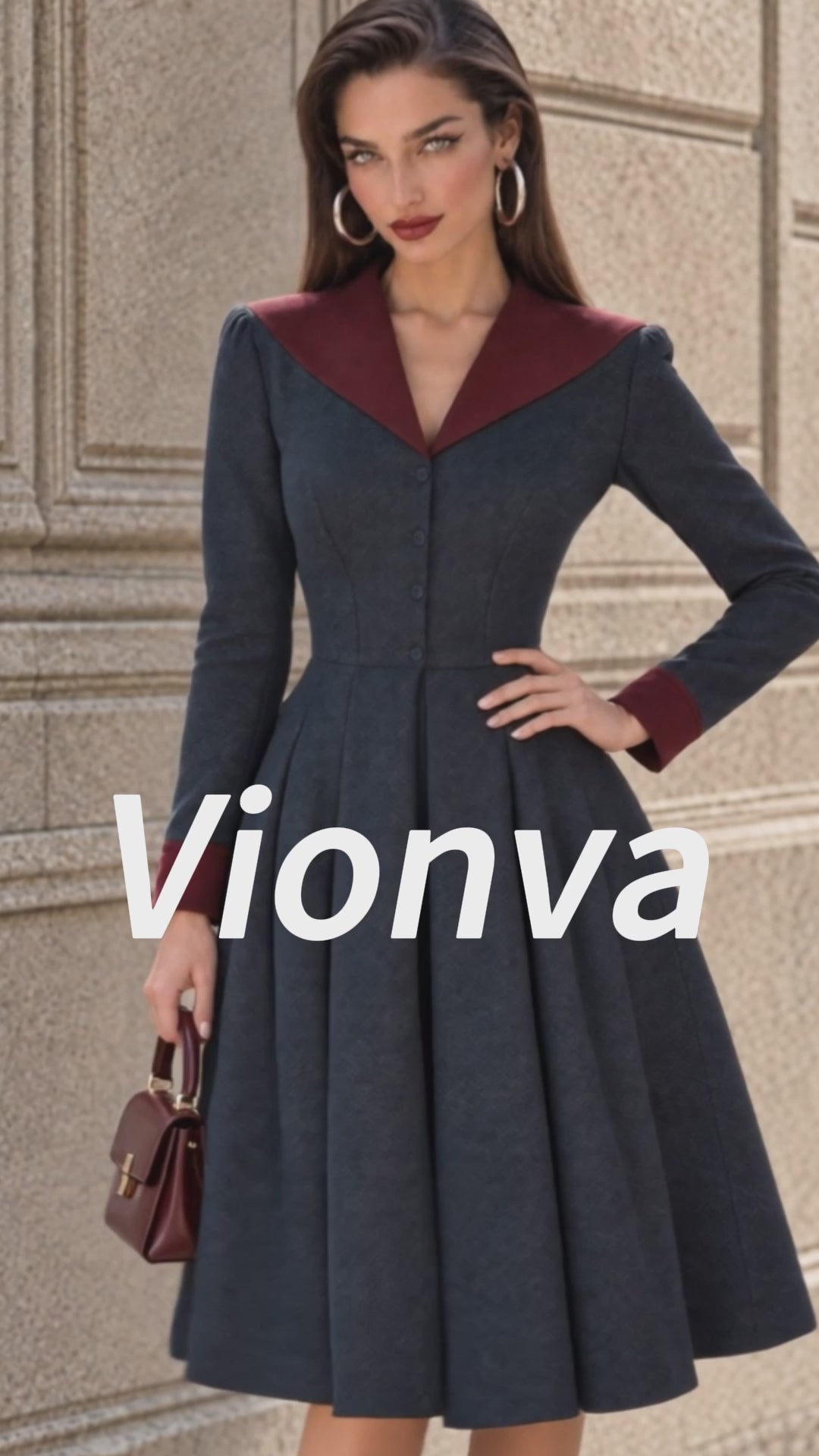 Vintage Contrast-Lapel Pleated Herringbone Midi Dress