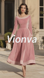 Vintage Pink Velvet Stripe-Trim Boat-Neck A-Line Dress