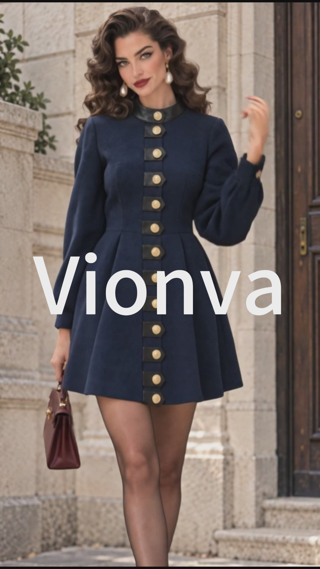 Vintage Leather-Trim Gold-Button Wool Mini Dress